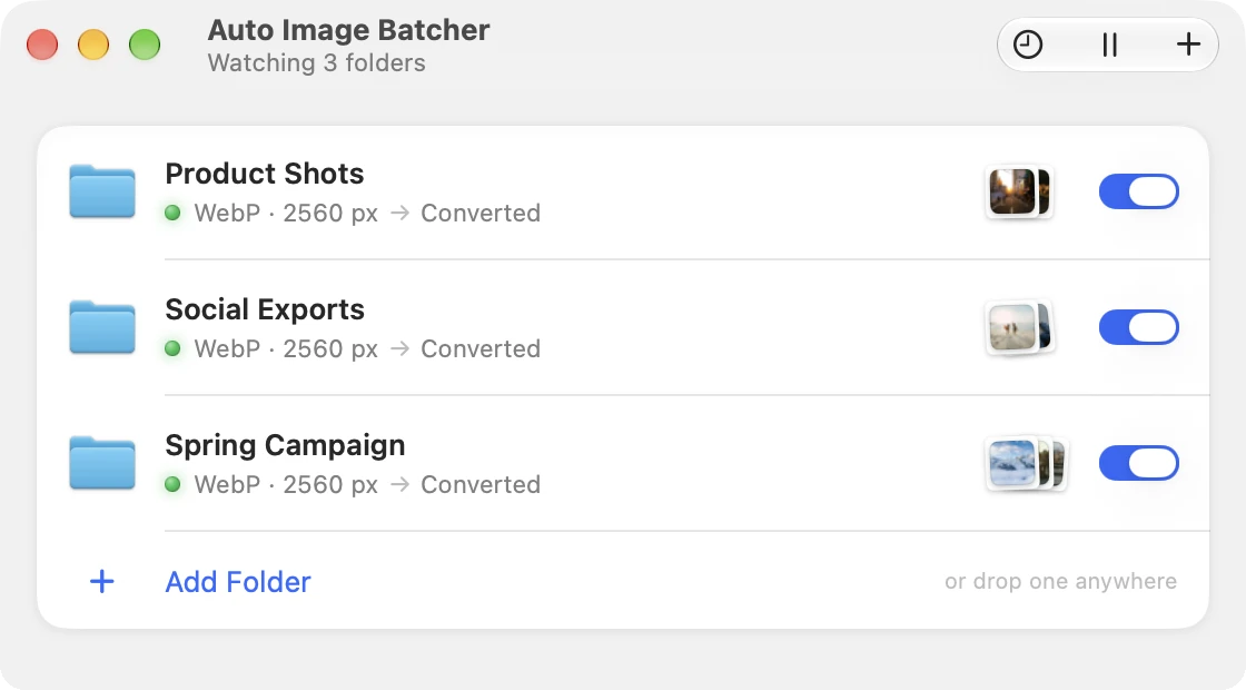 Auto Image Batcher's window watching three folders, each set to convert to WebP at 2560 px and save in a Converted subfolder